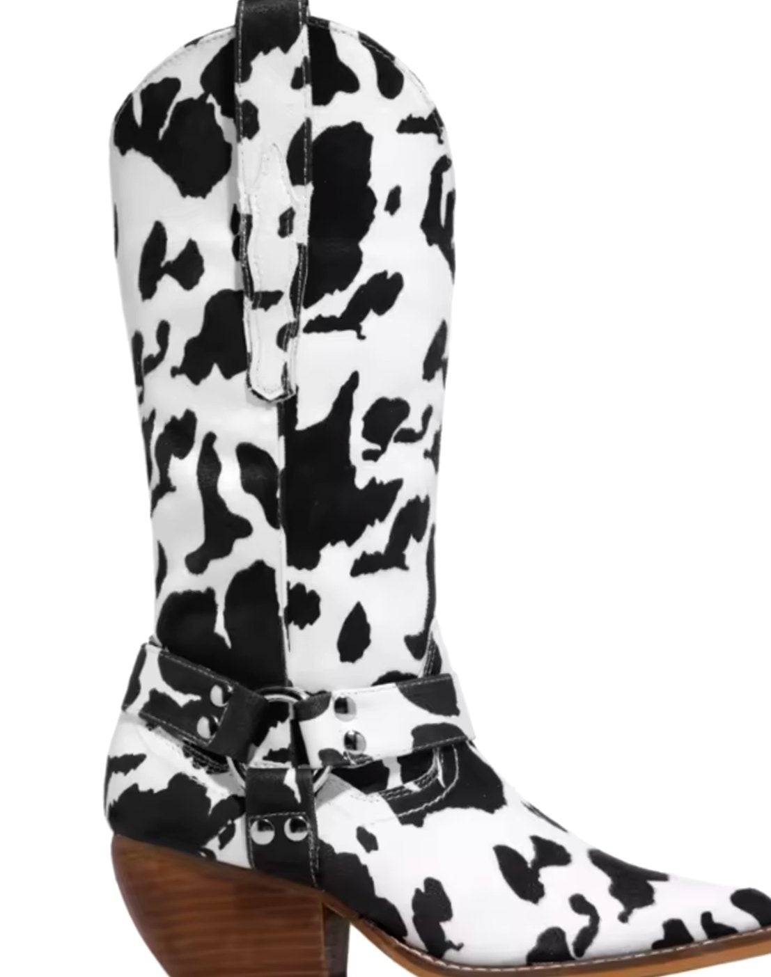 Women's cow-print knee-high western boots by Homixa with pointed toe, block heel, and harness buckle accents.