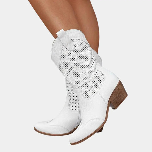 Homixa women's cowboy boots with block heels and breathable perforated panels, stylish and comfortable for everyday wear.