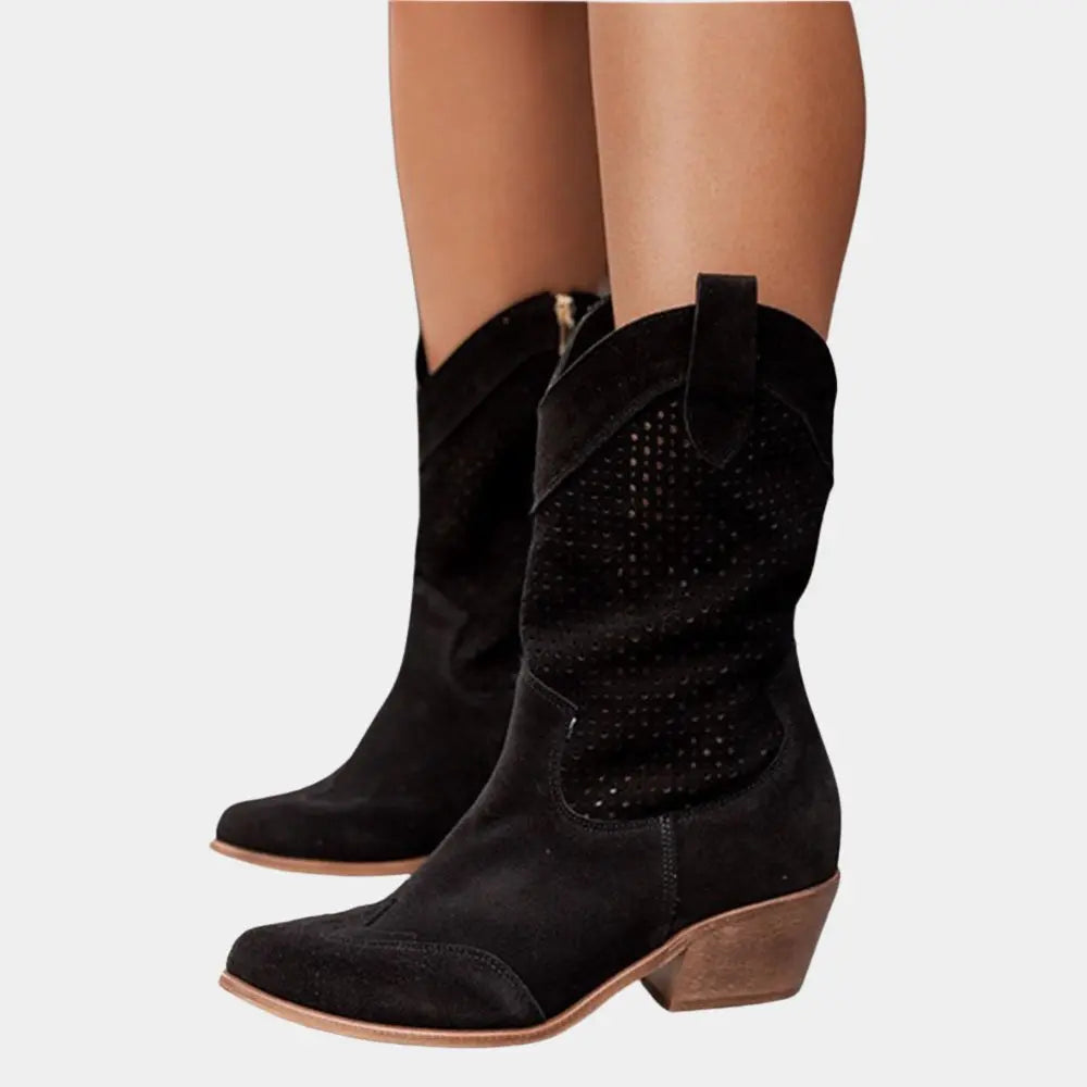 Women's Homixa cowboy boots with block heels and breathable perforated panels, stylish Western footwear with comfortable design.
