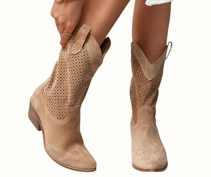 Homixa women's cowboy boots with block heels and breathable perforated panels, stylish western footwear for women.