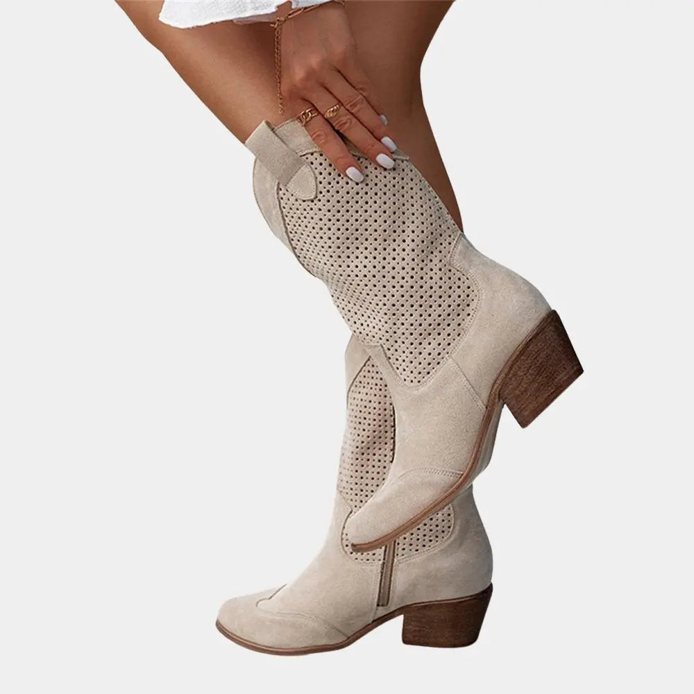 Women's Homixa cowboy boots with block heels and breathable perforated panels, stylish and comfortable for everyday wear.