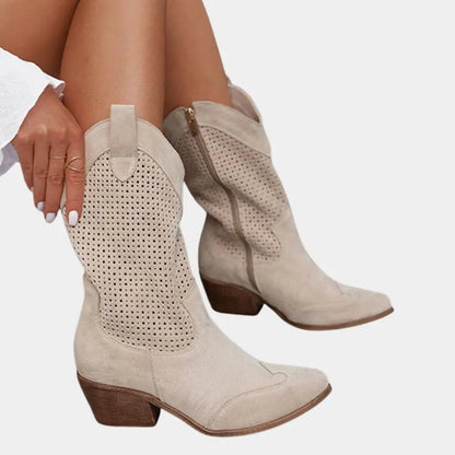 Women's cowboy boots by Homixa with block heels and breathable perforated panels, stylish and comfortable footwear for Western fashion.
