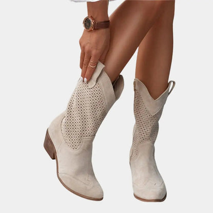 Women's Homixa cowboy boots with block heels and breathable perforated panels, stylish and comfortable western footwear