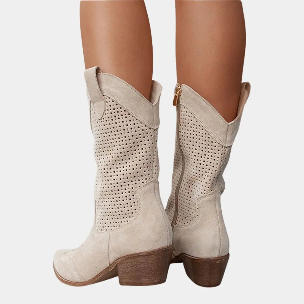 Homixa women's cowboy boots with block heels and breathable perforated panels, showcasing stylish Western footwear design.