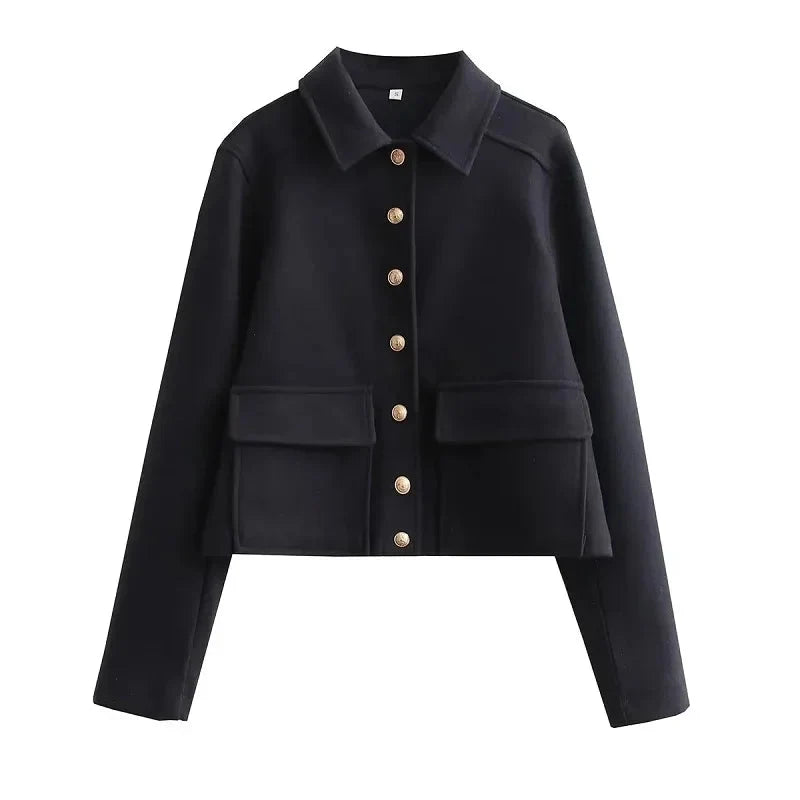 Women's cropped winter bomber jacket by Homixa featuring a button-front design and a clean, structured shape.