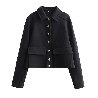 Women's cropped winter bomber jacket by Homixa featuring a button-front design and a clean, structured shape.