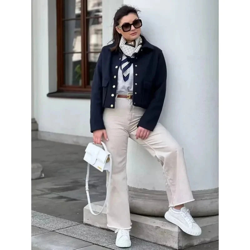 Women's Cropped Winter Bomber Jacket by Homixa featuring a button-front design, clean structured shape, and stylish winter outerwear.