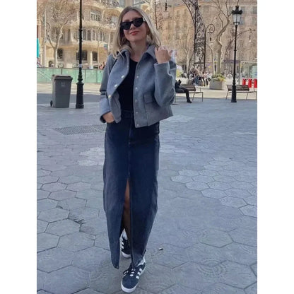 Women's cropped winter bomber jacket by Homixa featuring a button-front design and a clean, structured shape.