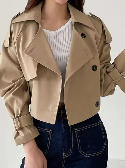 Women’s Homixa cropped double-breasted trench coat with lapels and adjustable cuffs, stylish outerwear for transitional weather.