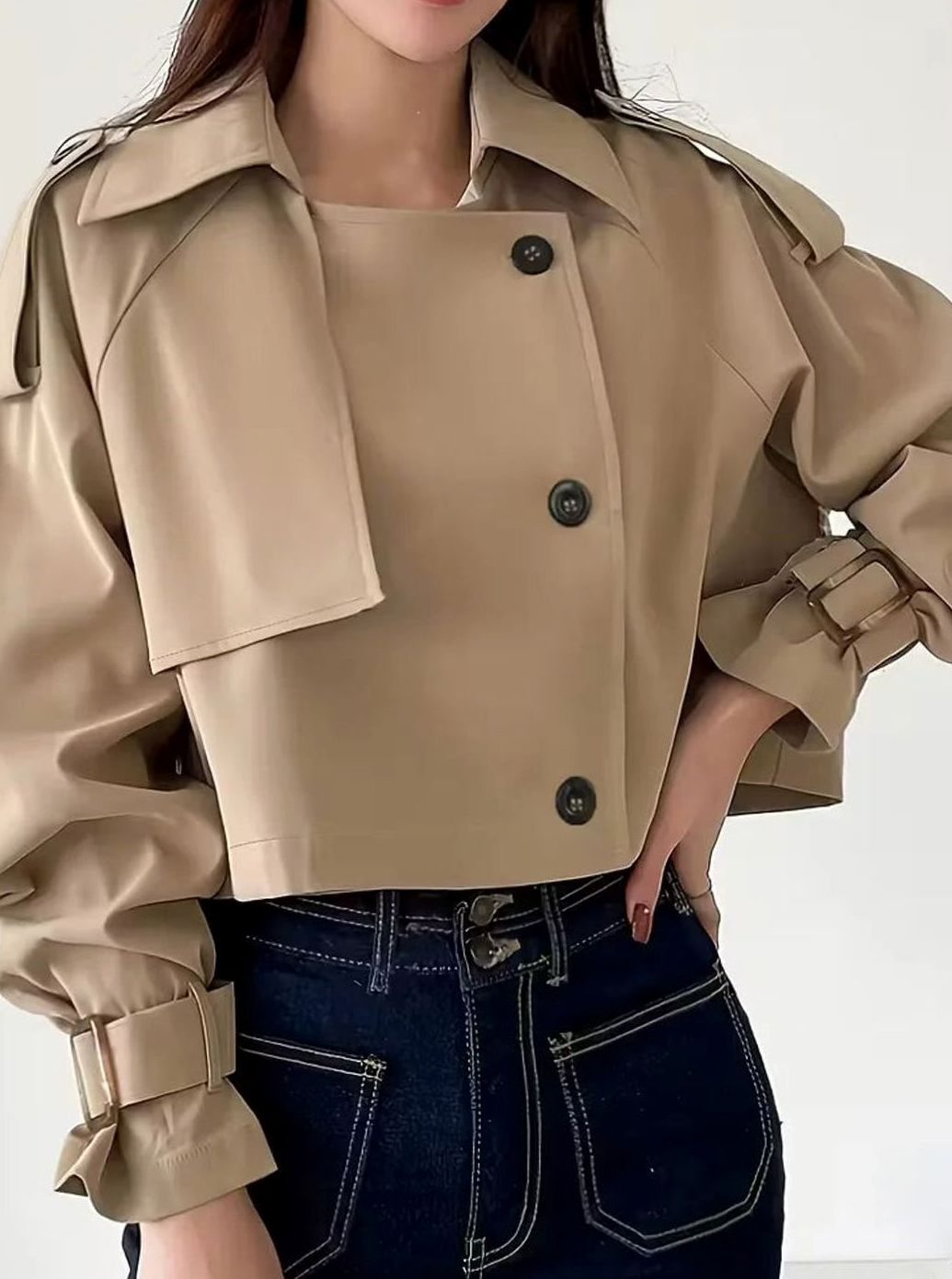 Women's cropped double-breasted trench coat by Homixa with lapels and adjustable cuffs, styled with a tailored fit and classic design.