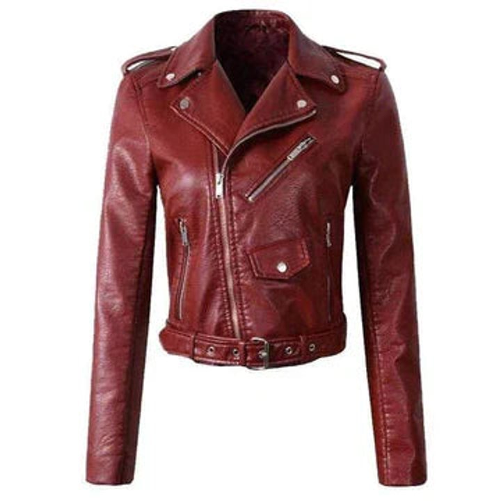 Women's faux-leather cropped biker jacket with asymmetric zip and belted waist, designed by Homixa, styled on a model.