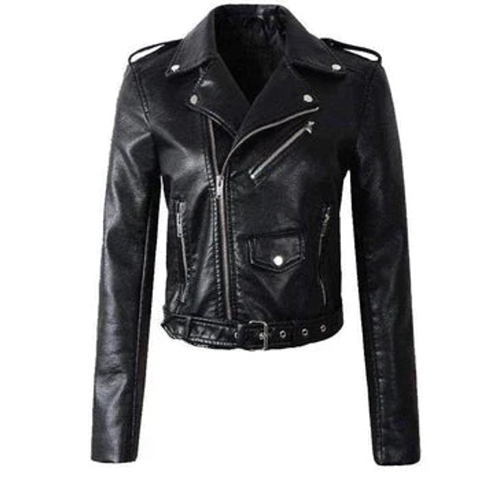 Women's faux-leather biker jacket with asymmetric zip and belted waist, stylish moto jacket by Homixa.