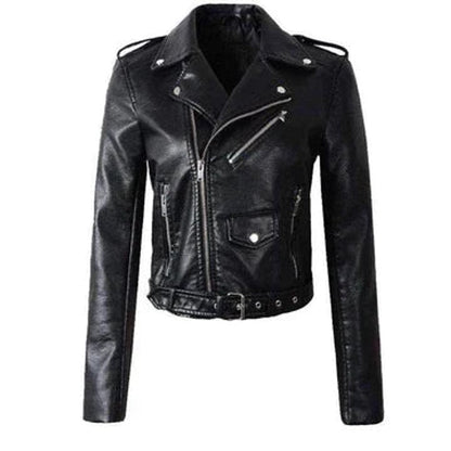 Women's faux-leather biker jacket with asymmetric zip and belted waist, stylish moto jacket by Homixa.