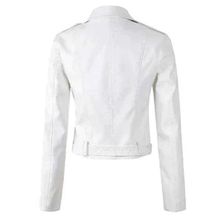 Women's faux-leather biker jacket with asymmetric zip, belted waist, and cropped design from Homixa Moto Biker Jackets collection.