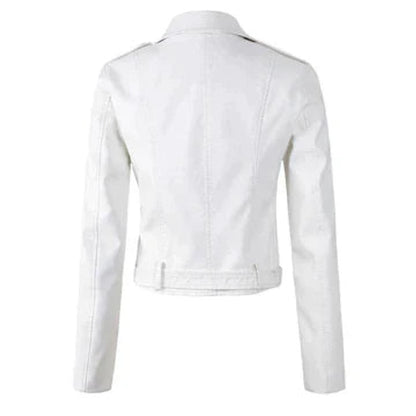 Women's faux-leather biker jacket with asymmetric zip, belted waist, and cropped design from Homixa Moto Biker Jackets collection.