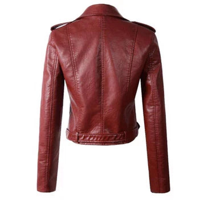 Women's cropped faux-leather biker jacket with asymmetric zip and belted waist, stylish moto jacket by Homixa.