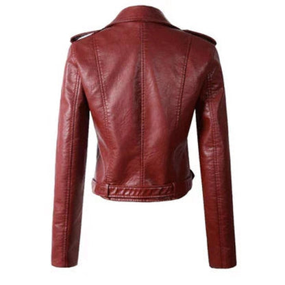 Women's cropped faux-leather biker jacket with asymmetric zip and belted waist, stylish moto jacket by Homixa.
