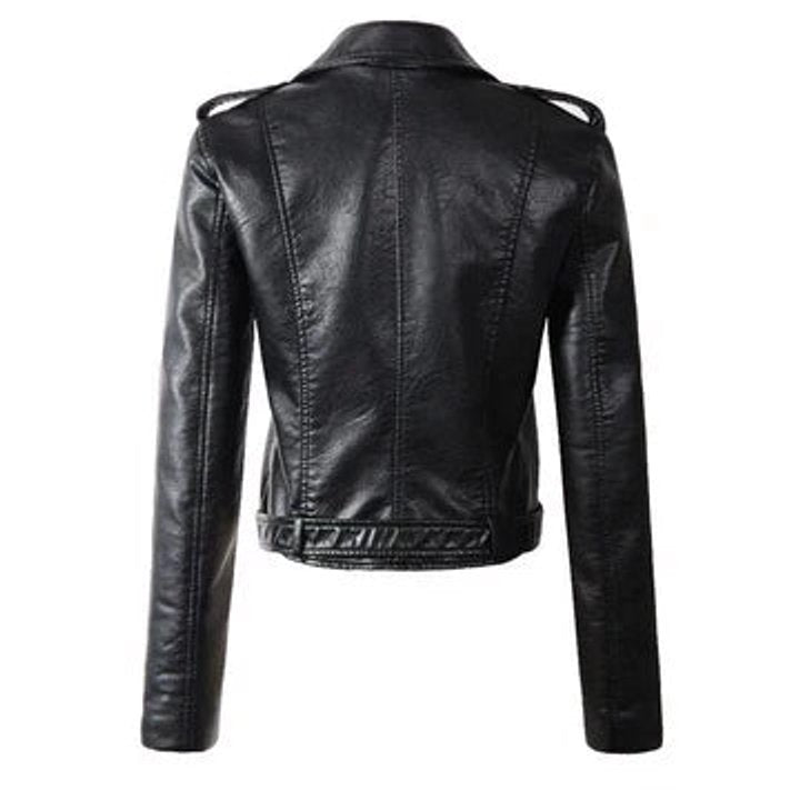 Women's cropped faux-leather biker jacket with asymmetric zip and belted waist, stylish moto jacket by Homixa.