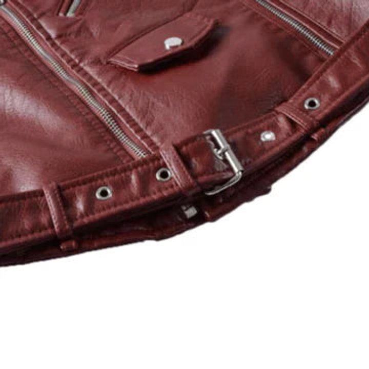 Women's faux-leather biker jacket by Homixa featuring an asymmetric zip, belted waist, and cropped style in a sleek, stylish design.