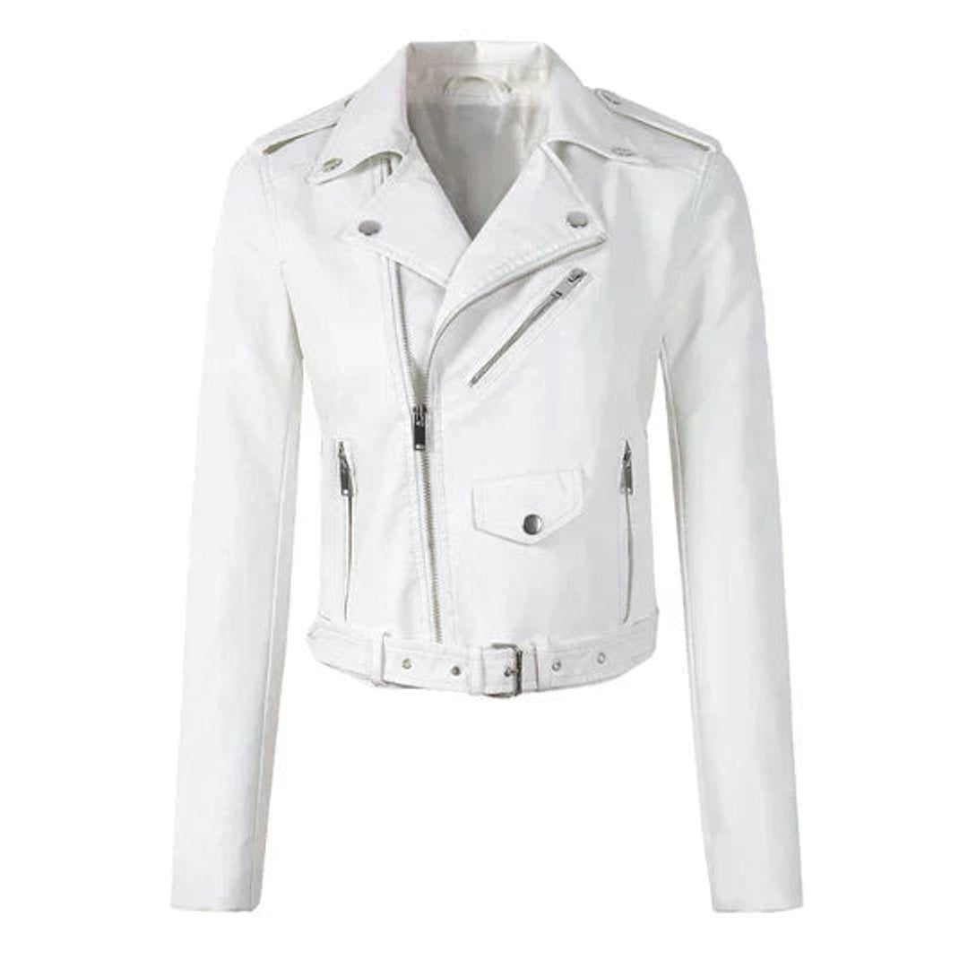 Women's faux-leather cropped biker jacket with asymmetric zip and belted waist, stylish moto jacket by Homixa.