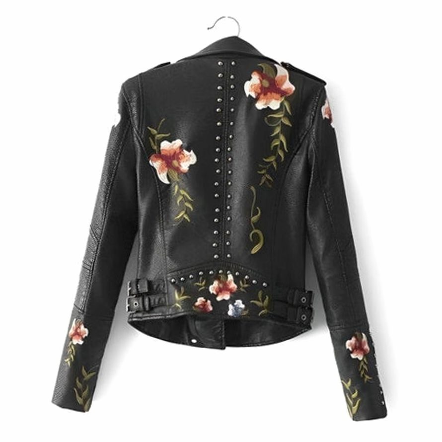 Women's cropped faux-leather moto jacket with floral embroidery and studs, stylish biker jacket by Homixa.