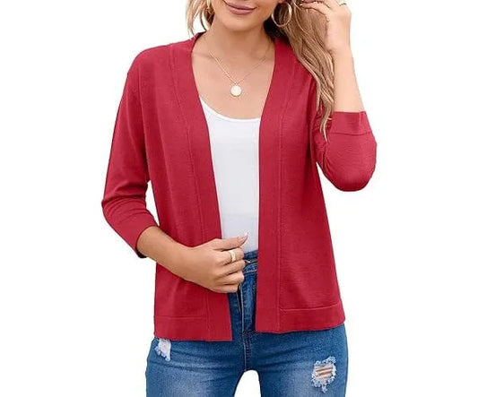 Homixa women's cropped knit cardigan with long sleeves, textured finish, and relaxed fit, displayed on a model.