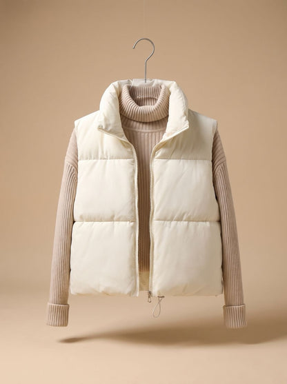 Women's lightweight cropped puffer vest by Homixa with stand collar and two-way zipper, shown in the image.