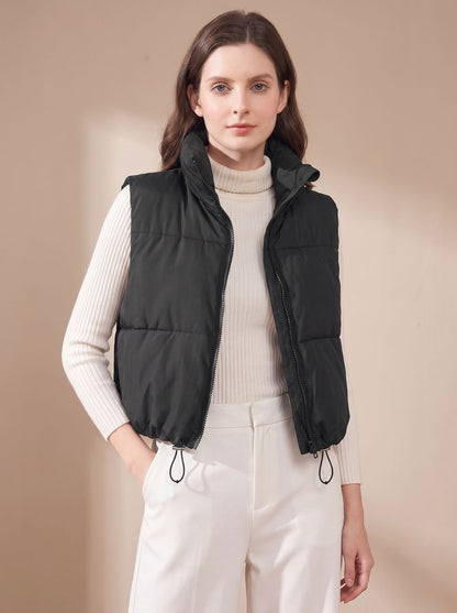 Women's lightweight cropped puffer vest by Homixa with stand collar and two-way zipper, perfect for stylish layering.