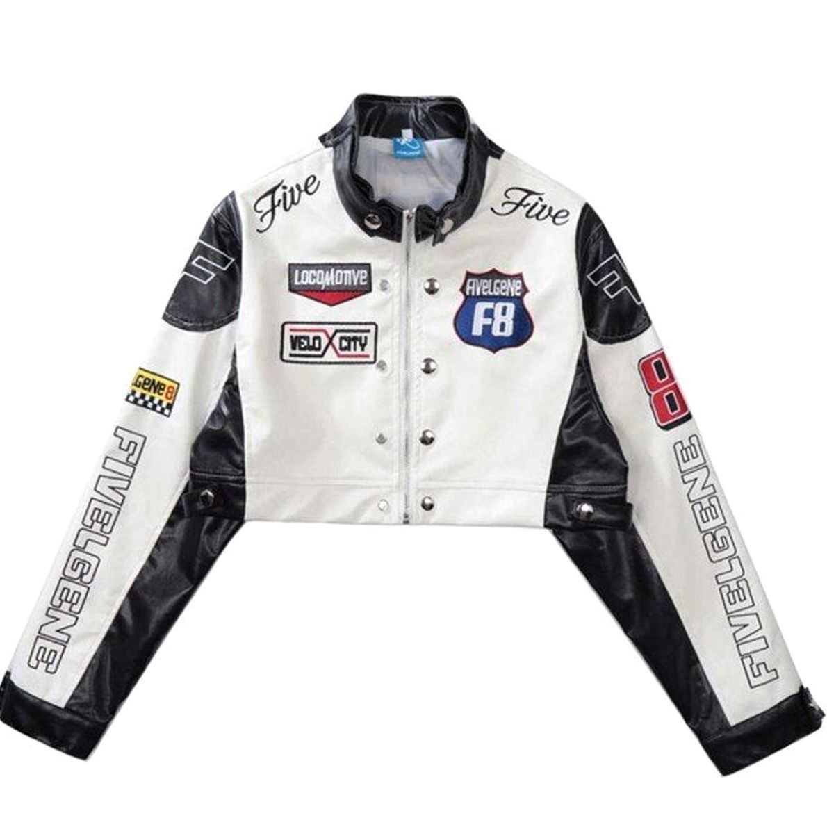 Women's cropped patchwork racing-style bomber jacket with stand collar and zip-up front, by Homixa.