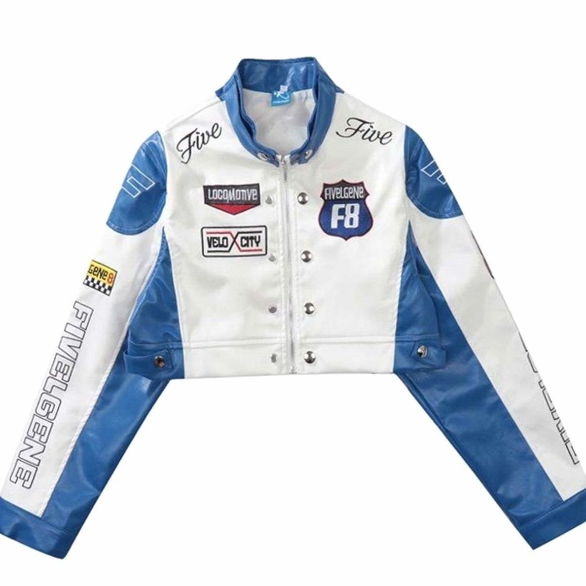 Women's cropped patchwork racing-style bomber jacket with stand collar and zip-up front by Homixa.