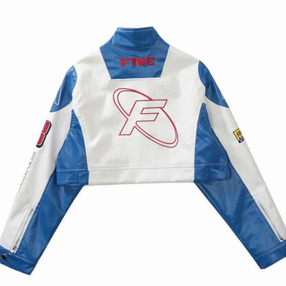 Women's Homixa cropped patchwork racing-style bomber jacket with stand collar and zip-up front, casual and trendy design.