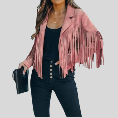 Women's cropped suede-style jacket with fringe detail and structured fit, by Homixa, shown on a model.