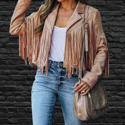 Women's cropped suede-style jacket with fringe detail and structured fit by Homixa, shown on a model.