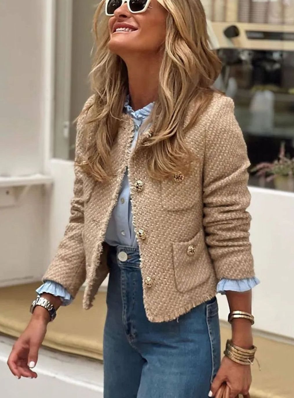 Women's cropped tweed blazer jacket by Homixa featuring button-front closure and tailored fit, styled with a classic tweed pattern.