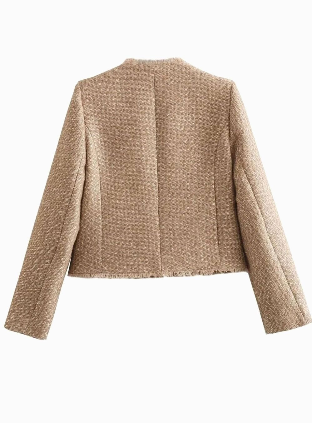 Women's cropped tweed blazer jacket by Homixa with button-front closure and tailored fit, shown on a model in a stylish setting.