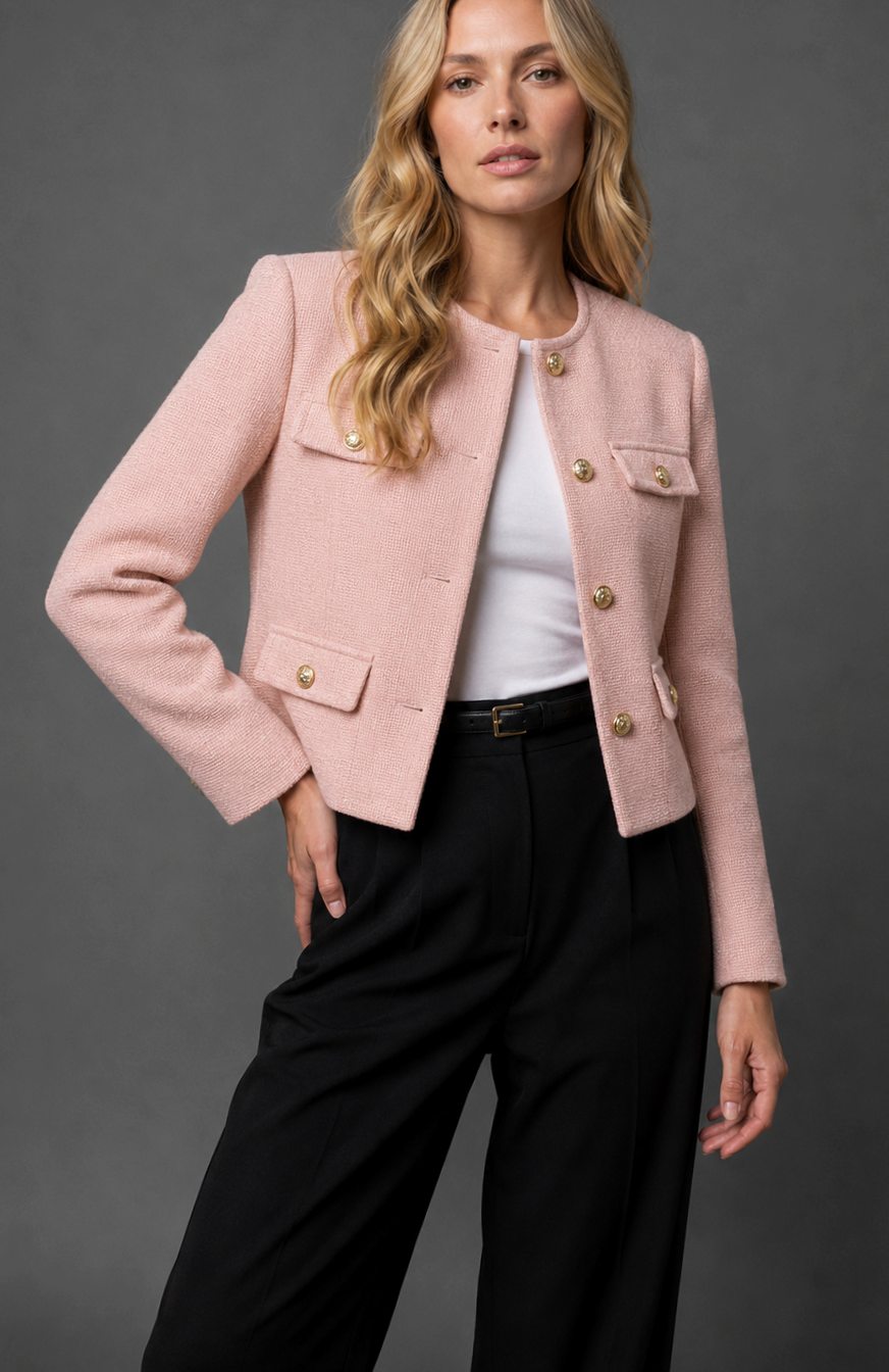 Women's cropped tweed blazer jacket with gold buttons and flap pockets, stylish Homixa jacket for a polished look.