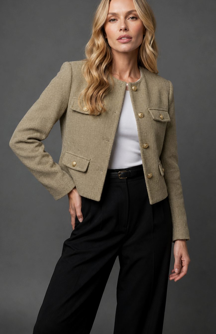 Women's cropped tweed blazer jacket by Homixa with gold buttons and flap pockets, styled for a sophisticated look.