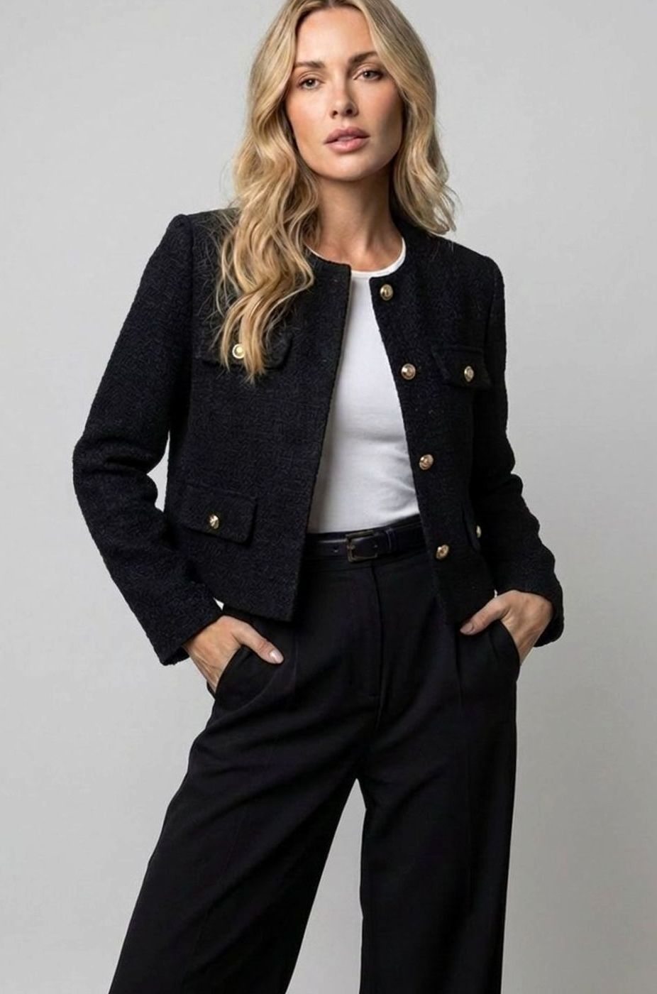 Women's cropped tweed blazer jacket by Homixa featuring gold buttons and flap pockets, styled with a classic tailored fit.