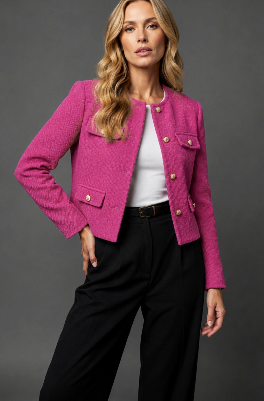 Women's cropped tweed blazer jacket by Homixa featuring gold buttons and flap pockets, styled on a model.
