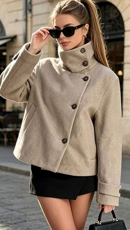 Women’s cropped vintage wool coat with stand collar and asymmetric button front, by Homixa, styled for a classic look.