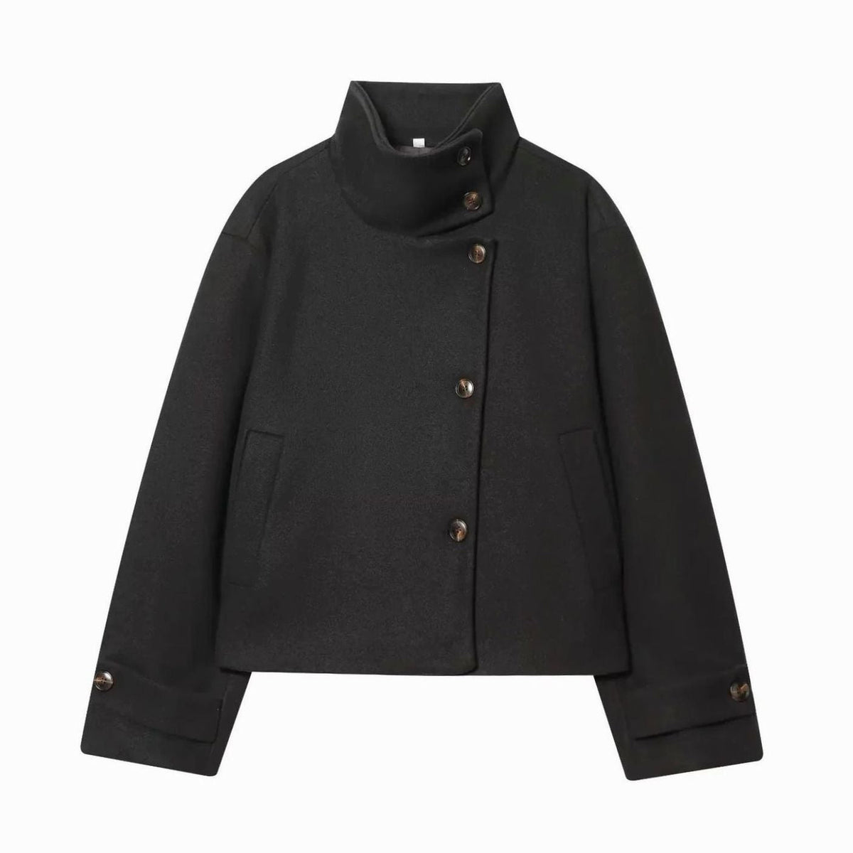 Women's vintage wool coat by Homixa featuring a stand collar and asymmetric button front, cropped length, and classic style.