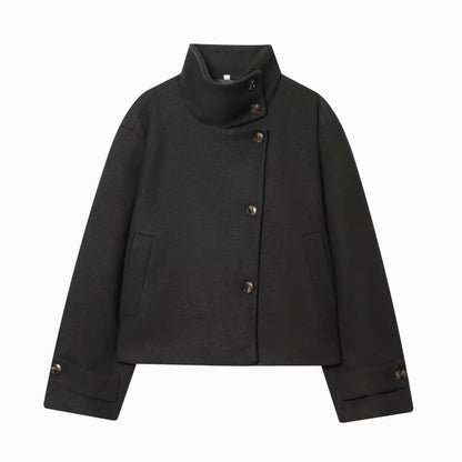 Women's vintage wool coat by Homixa featuring a stand collar and asymmetric button front, cropped length, and classic style.