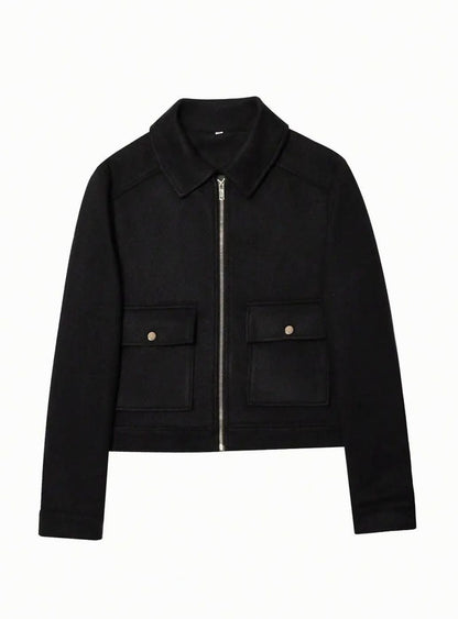 Women's cropped vintage wool coat by Homixa featuring a stand collar and asymmetric button front, stylish short outerwear.