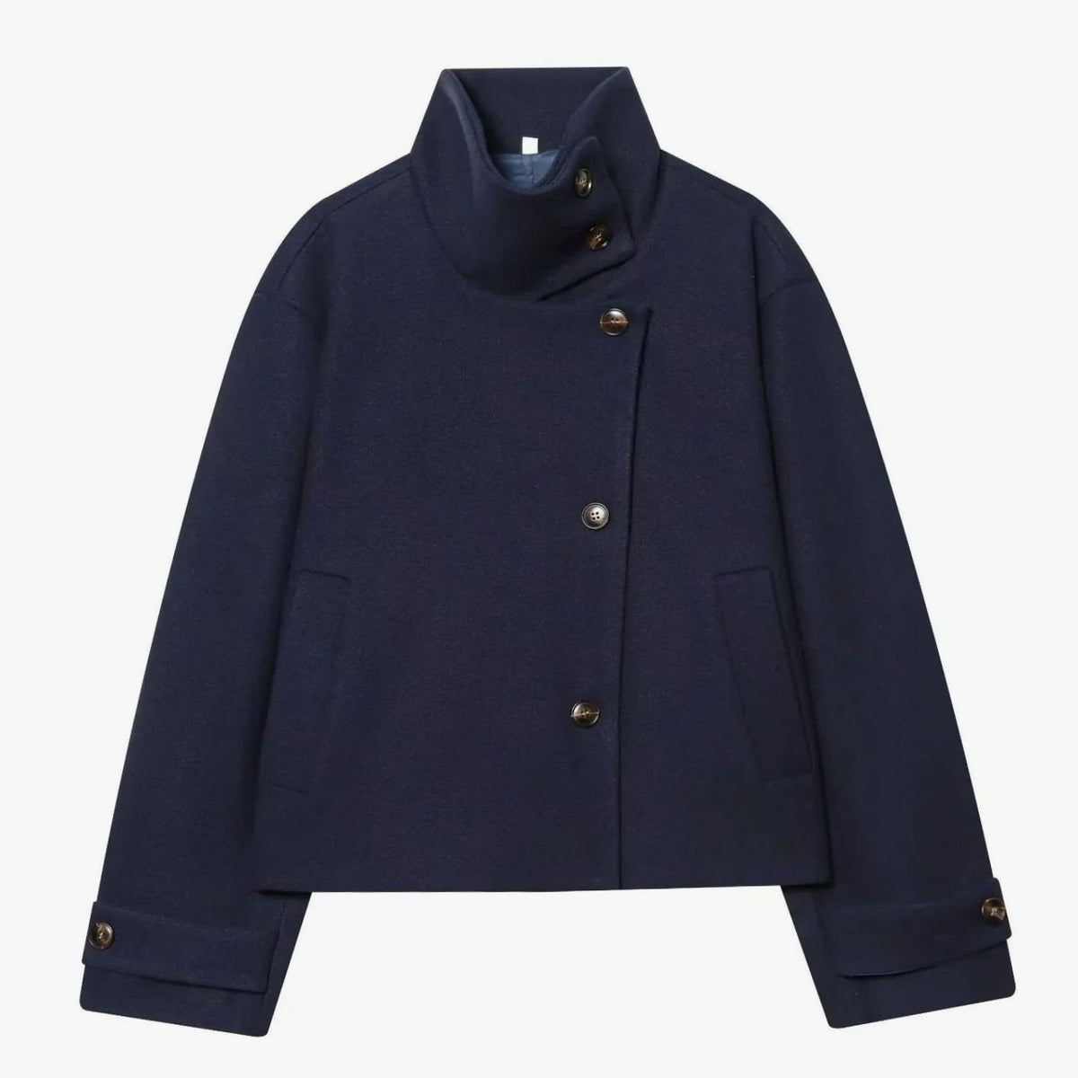 Women’s cropped vintage wool coat by Homixa featuring a stand collar and asymmetric button front.