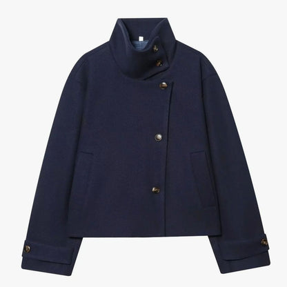 Women’s cropped vintage wool coat by Homixa featuring a stand collar and asymmetric button front.