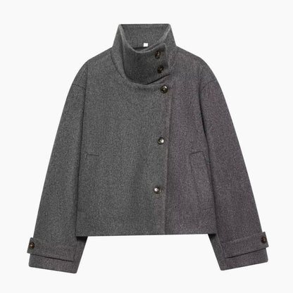Women's vintage wool coat by Homixa featuring a stand collar, cropped length, and asymmetric button front, stylish and warm.