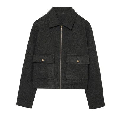 Women's vintage wool coat by Homixa featuring a stand collar and asymmetric button front, cropped length and classic style.
