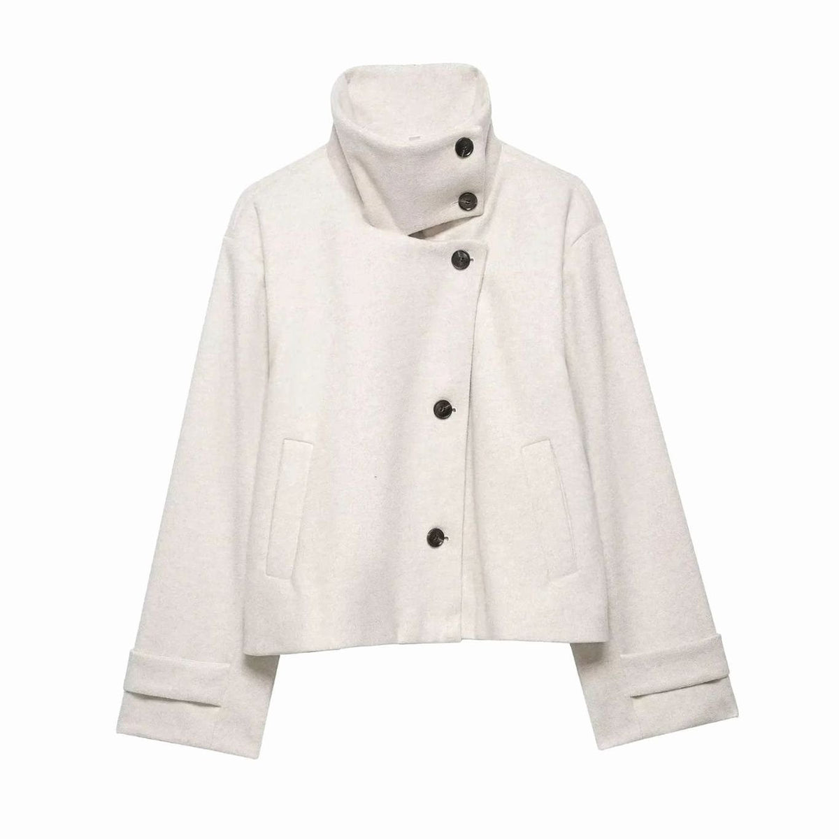 Women's vintage wool coat by Homixa with cropped fit, stand collar, and asymmetric button front, stylish short outerwear.