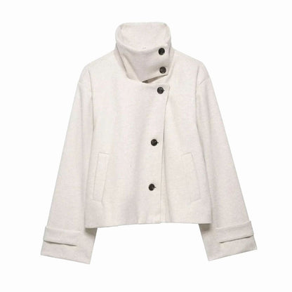 Women's vintage wool coat by Homixa with cropped fit, stand collar, and asymmetric button front, stylish short outerwear.