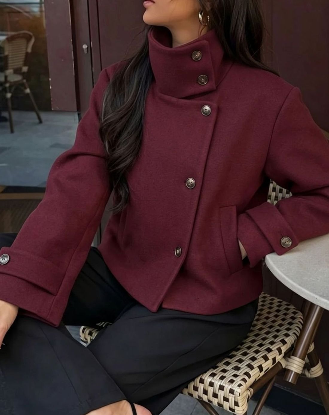 Women's vintage wool coat by Homixa featuring a stand collar and asymmetric button front, cropped style and classic design.